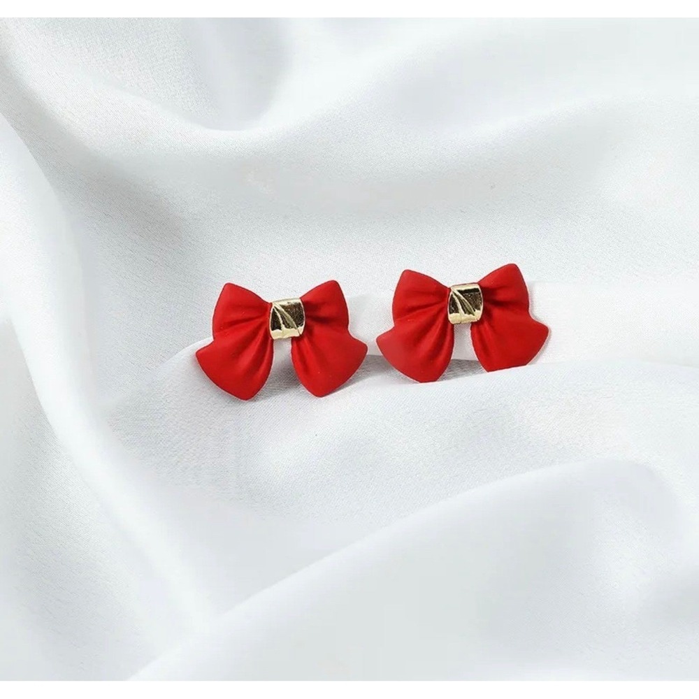 Red Bow Stud Earrings Gold Accent | Cute Holiday Christmas Gift | NEW